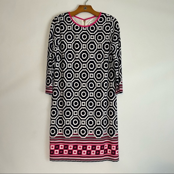 Eliza J Dresses & Skirts - Eliza J Geometric Print Shift Dress Navy White Pink 3/4 Sleeves Size 10